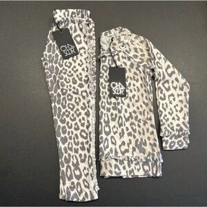 Chaser Leopard Print Soft Knit LS Top and Wide Leg Pant Set